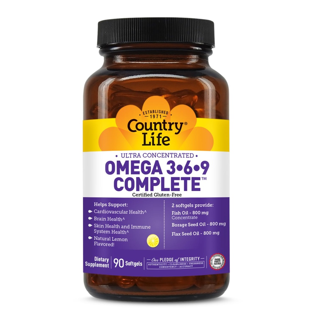 Country Life Omega 3-6-9 Suplemento completo - 1,534mg Omega Fatty Acids - Asistencia Cardiovascular, Brain, Skin &amp; Immune Health - Certified Gluten Free, Non-GMO - 90 Softgels