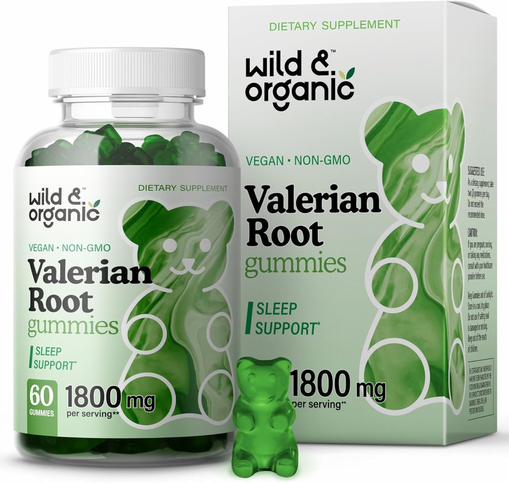 Wild & Organic Valerian Root Gummies 1800mg - Mood Support w/Valerian Root Extract - Calming Gummies for Relaxation - 60 Vegan, Non-GMO Polvos Basados en Polvo