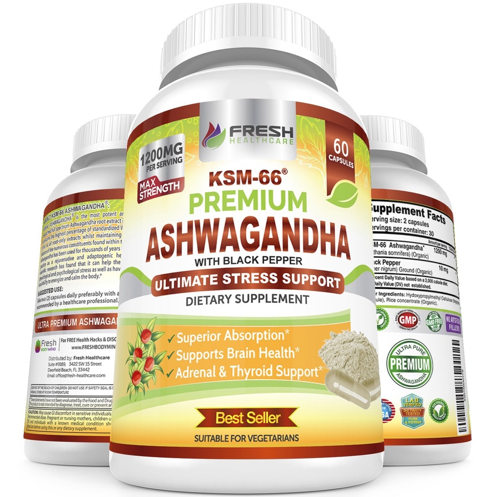 FRESH HEALTHCARE Ashwagandha Capsules KSM-66 1200mg Extracto de raíz puro con pimienta negra para alta absorción - Potent Ashwagandha Suplemento - 60 cápsulas Vegan