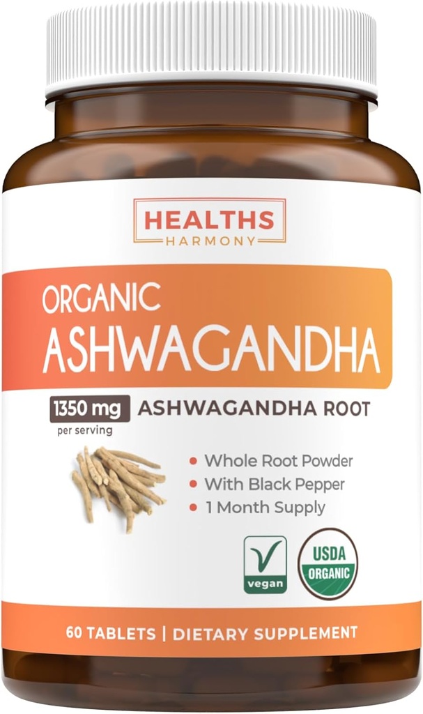 USDA Organic Ashwagandha Suplemento - Ashwagandha de alta potencia Pills Made with Organic Black Pepper for Enhanced Absorption - Vegan Non-GMO Hecho en los EE.UU. & Lab Verified (1 mes de suministro)