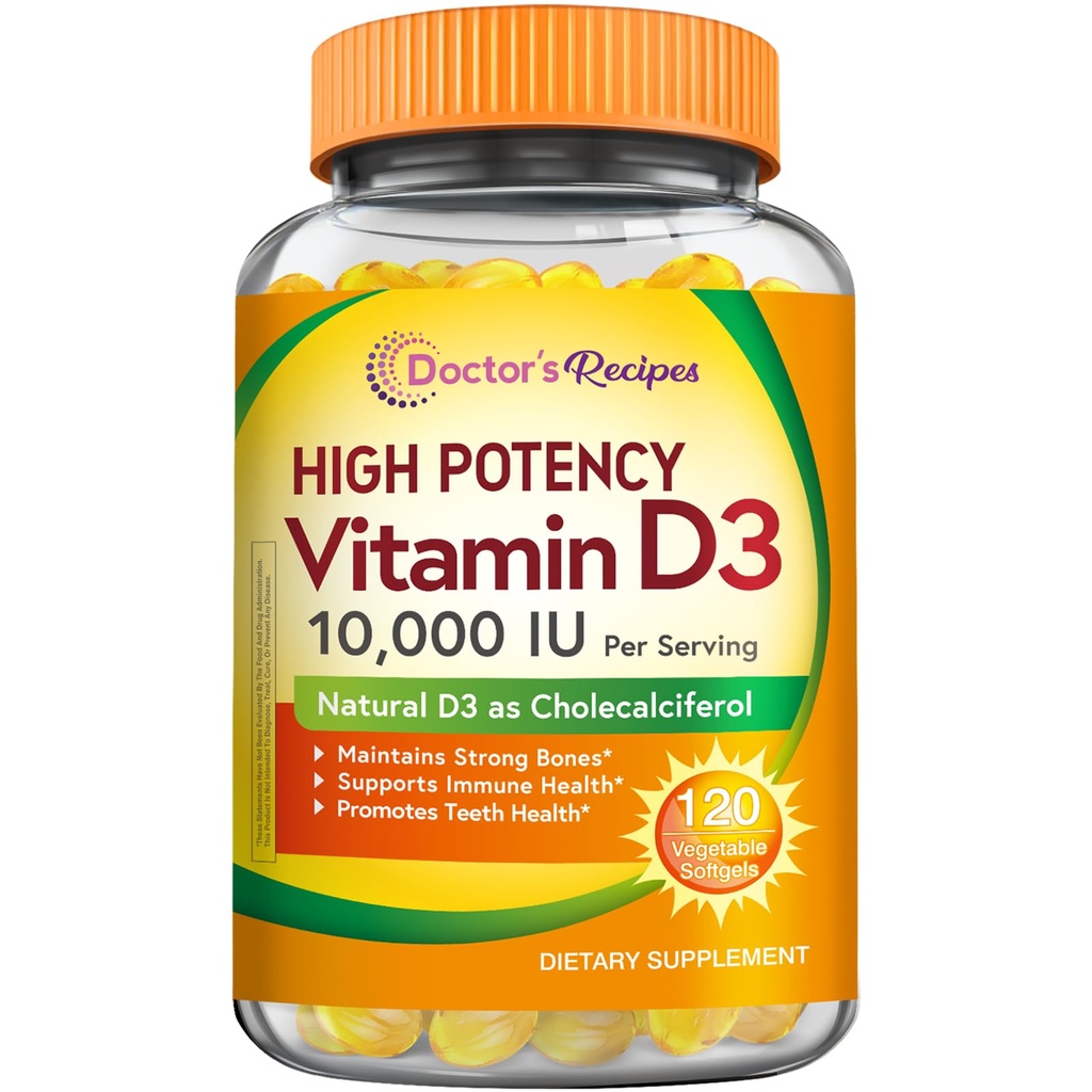 Doctor's Recipes Vitamin D3 10000 IU, Bones, Teeth, and Immune Support, Non-GMO, No Gelatin, Gluten or Soy, 120 Vegetarian Softgels