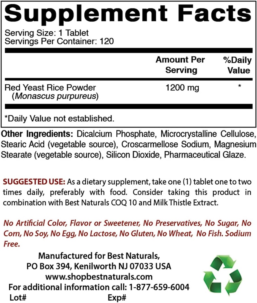 Mejores Naturales Levadura Roja Colesterol Apoyo 1200 mg &amp; COQ10 100 mg