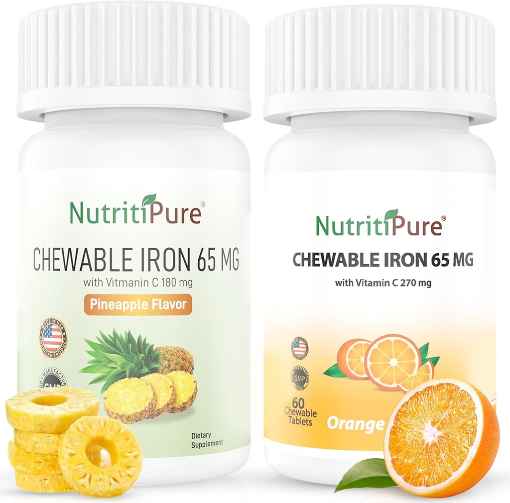 Hierro Chewable 65mg con Vitamina C Bundle, Naranja y Piña Flavor 120 Days Supply for Women/Men
