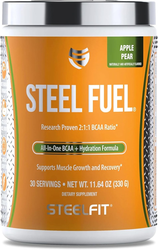 SteelFit Steel Fuel 5g BCAAs Amino Acids Powder for Intra-Workout to Accelerate Muscle Growth & Mejor Endurance - 30 Servings in Apple Pear - BCAA Supplements Powder for Electrolytes & Recovery