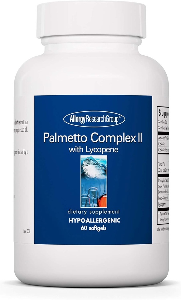 Grupo de investigación de alergia Palmetto Complex II - Soporte de próstata, Saw Palmetto for Men & Women, con Lycopene, Pumpkin Seed Oil, Zinc - 60 Con
