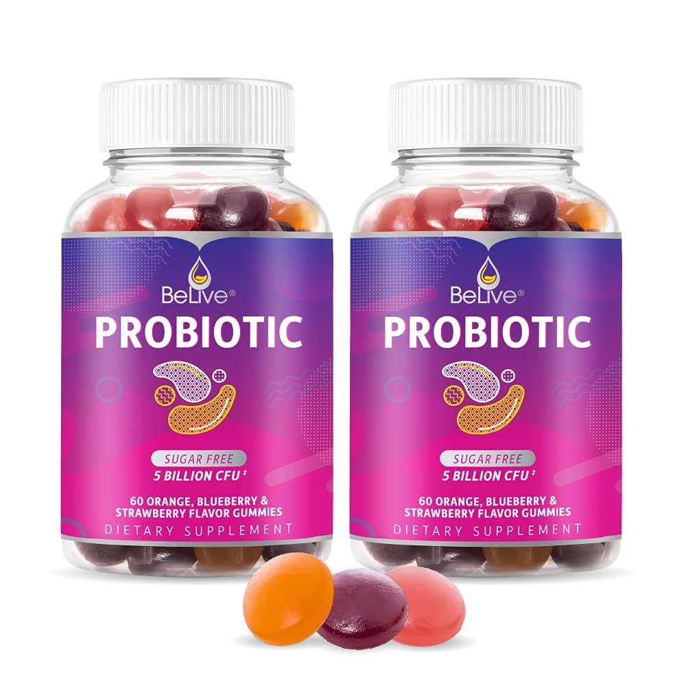 BeLive Probiotic Gummies - Probiotics with 5 Billion CFUs for Digestive Health, Hombres, Women &amp; Kids Probiotic Supplements for Immune Support, Sugar Free & Vegan – Blueberry, Strawberry & Orange ← 2-Pack