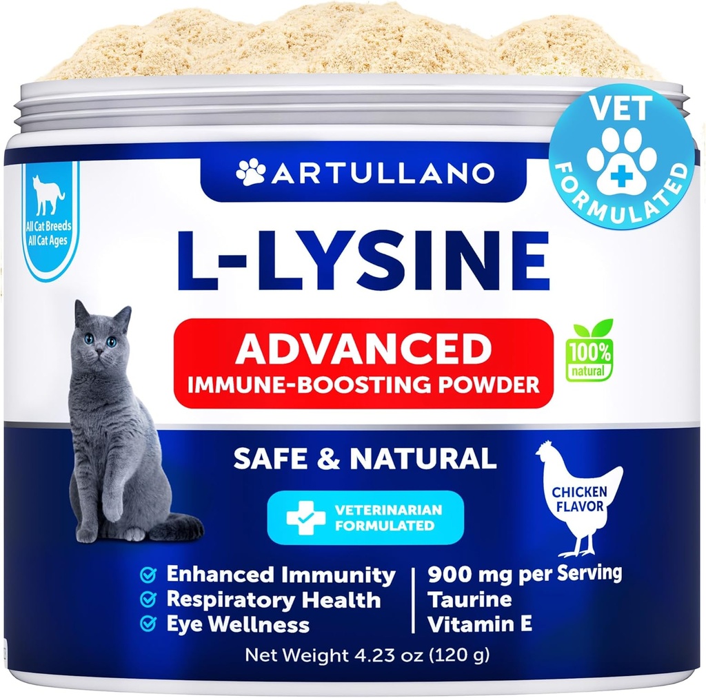 L-Lysine para gatos - Lysine Powder Suplemento - 900 mg/servido - Soporte inmunitario para gatos y gatitos - Sneezing, Runny Nose, Squinting, Watery Eyes, Cold, Eye Function, Respiratory Health - con Taurine