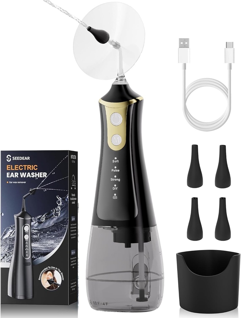 Kit de eliminación de cera de oído eléctrico, limpiador de cera de oído con 4 modos de presión de agua, kit de limpieza de oído más seguro y más eficaz sistema de riego de oído, herramienta de eliminación de cera con 4 boquillas (negro)