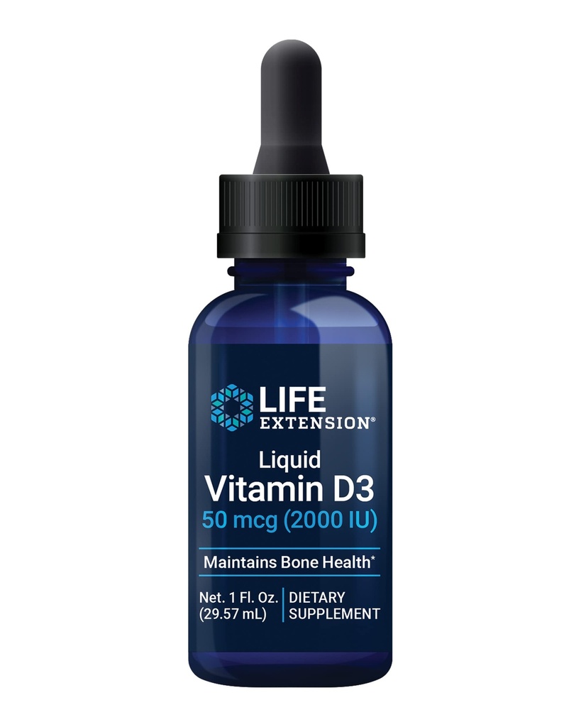 Extensión de la vida Vitamina Líquida D3, 50 mcg (2000 UI), Apoyo al sistema inmunológico, Salud de los huesos, Salud integral, Sin gluten, 29,57 ml