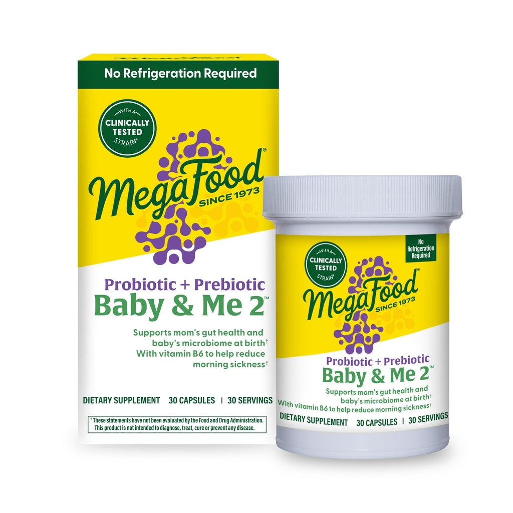 MegaFood Baby & Me 2 Prenatal Probiotic, Vegetarian Pregnancy Prebiotics and Probiotics for Women, Digestive Health & Immune Support with Vitamin B6 for Morning Sickness Relief, 30 Capsules