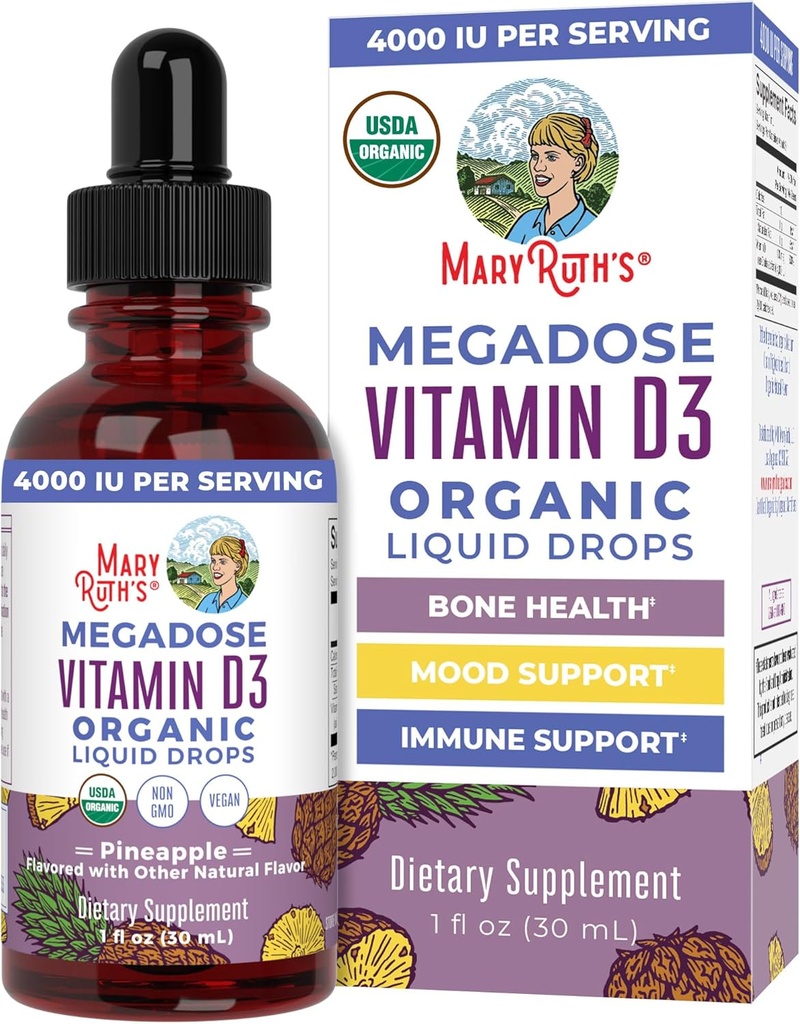 MaryRuth Organics Vitamina D3 Liquid Drops ← Megadose 4000 IU Silencioso USDA Orgánica Liquid Vitamina D Spray para Adultos & Niños Silencioso Apoyo & Bone Health ← Vegan TEN Gluten Free ← Non-GMO ← 30 Servings