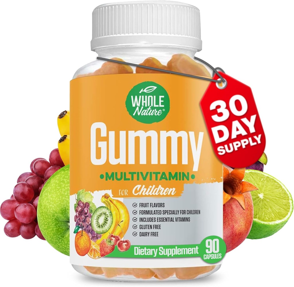 Niños Gummy Multivitamin - Esenciales diarios completos Vitaminas y Minerales para el bienestar general, 90 Gummies. Sabor de frutas, sin azúcar artificial, lácteo y sin gluten
