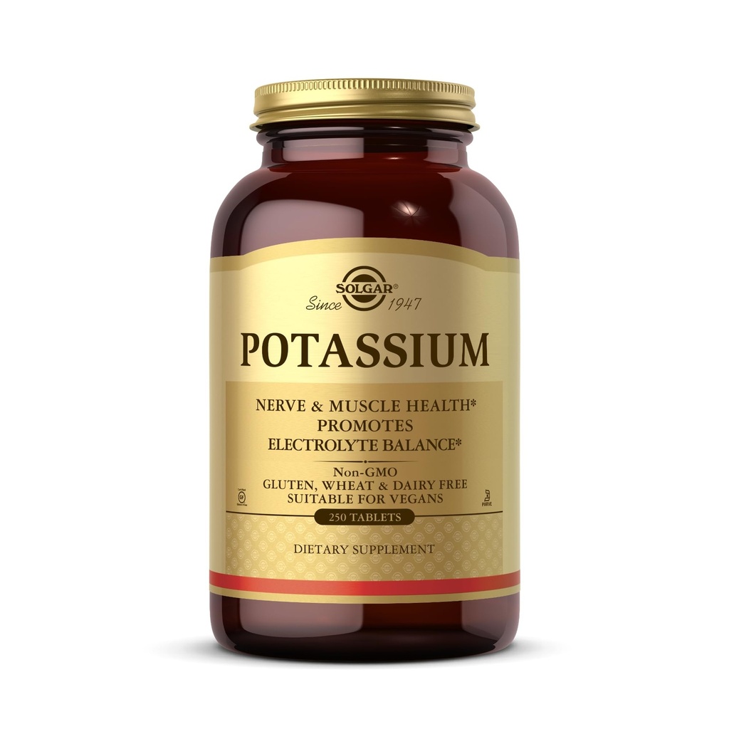 Solgar Potasio - 250 Tabletas - Nerve &amp; Muscle Health, promueve el equilibrio electrolito - Vegan, Gluten & Dairy Free, Kosher - 250 Servimientos