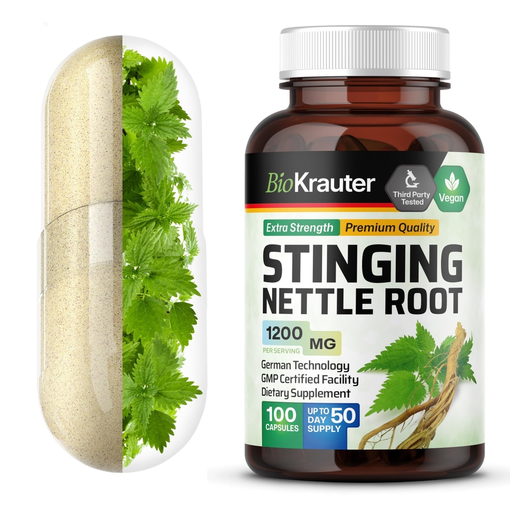 BIO KRAUTER Stinging Nettle Capsules 1200 mg - 100 Natural Urinary Tract &amp; General Support Caps - Nettle Root Powder (Urtica Dioica) - Non GMO