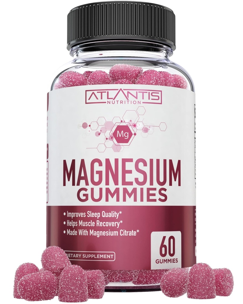 Atlantis Nutrición Magnesium Citrate Gummies – 770mg Magnesium Citrate para niños &amp; adultos tóxicos apoya la recuperación de músculos, asas Cramps, promueve la calma &amp; mejor sueño Ø 60 Gummies Vegan