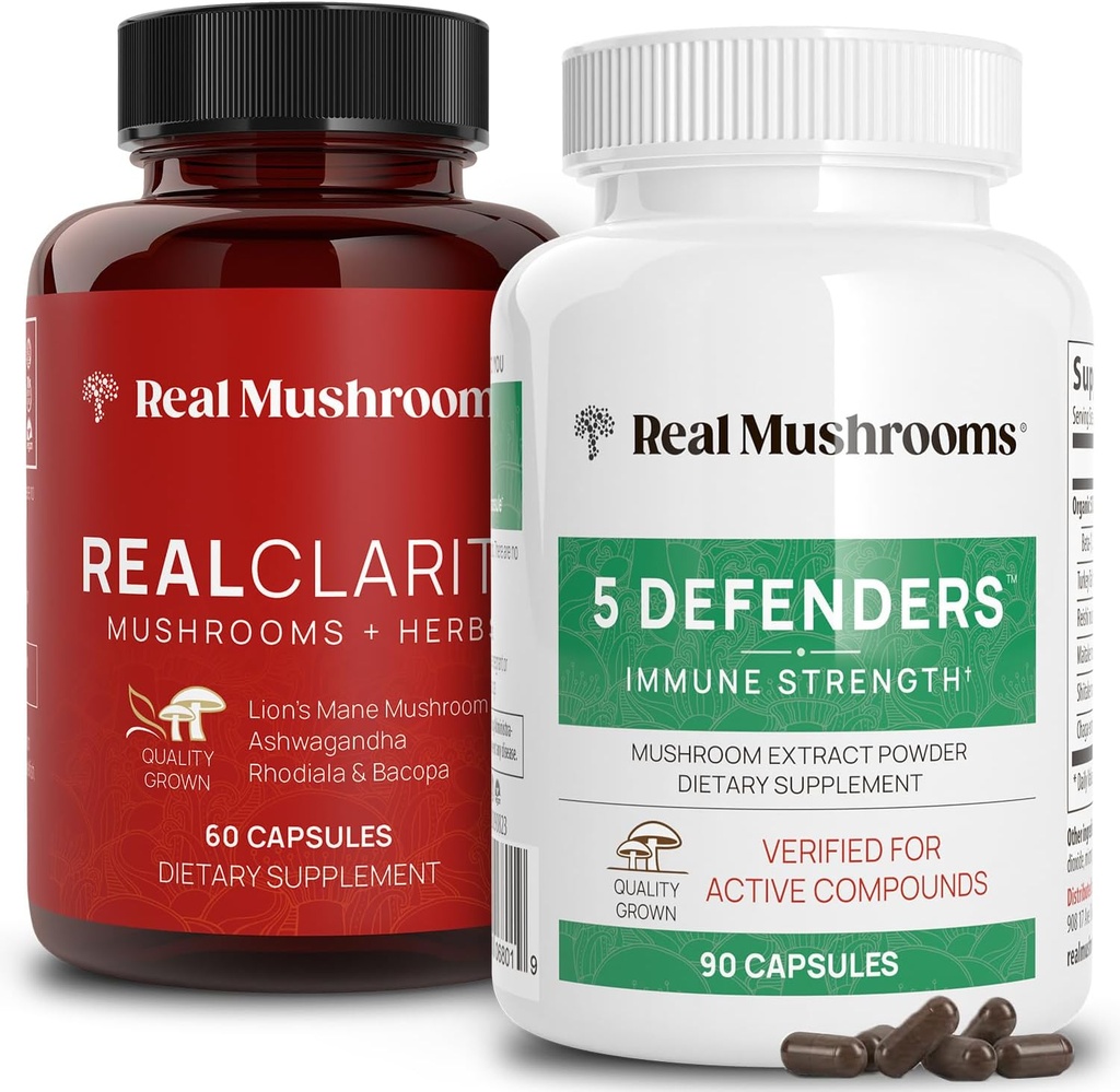 Real Mushrooms RealClarity (60ct) y 5 Defenders (90ct) Capsules Bundle - Suplemento de Mushroom para la Claridad Mental, Focus & Immune Strength - Vegan, Non-GMO, Verified Levels of Beta-Glucans