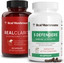 Real Mushrooms RealClarity (60ct) y 5 Defenders (90ct) Capsules Bundle - Suplemento de Mushroom para la Claridad Mental, Focus & Immune Strength - Vegan, Non-GMO, Verified Levels of Beta-Glucans