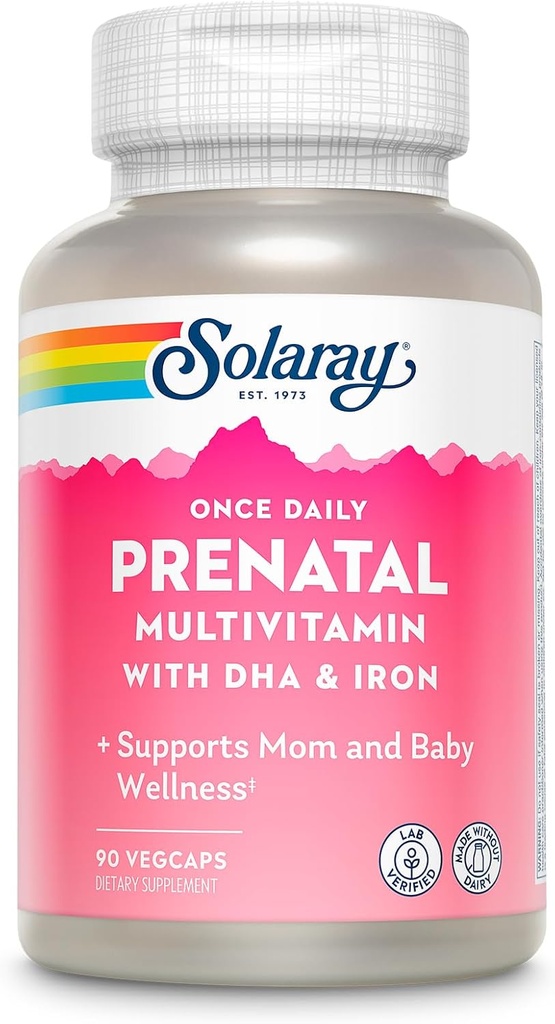 SOLARAY Una vez Multivitaminas prenatales diarias con DHA & Hierro, Vitaminas prenatales y Minerales para Madres embarazadas, Easy Morning Herbal Blend & Whole Food Base, Lab Verified, 90 Servings, 90 VegCaps