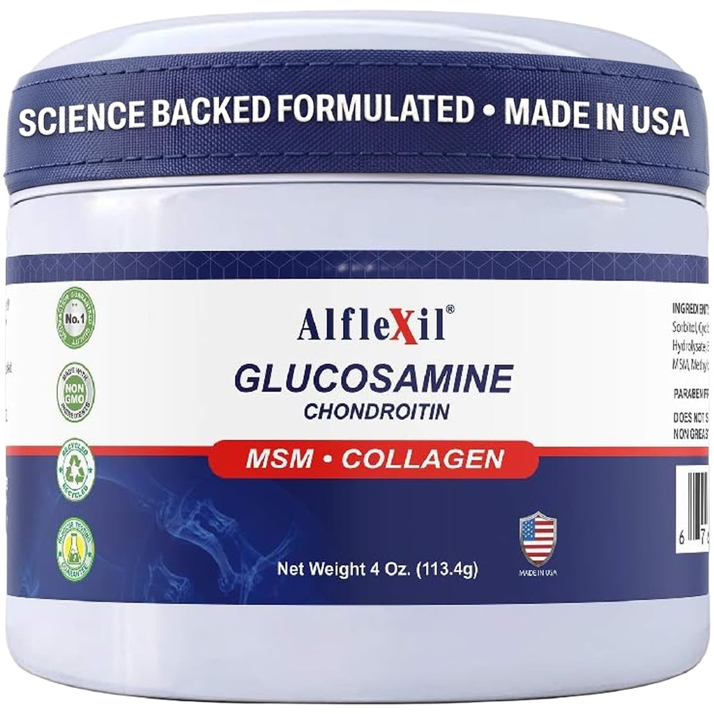 ALFA VITAMINS Alflexil Glucosamine Plus Crema de condroitina con MSM & Collagen, soporta articulaciones saludables, alivio de dolor de músculo conjunto, mejora la movilidad, rápida absorción y hidrata la piel, 4 Oz.
