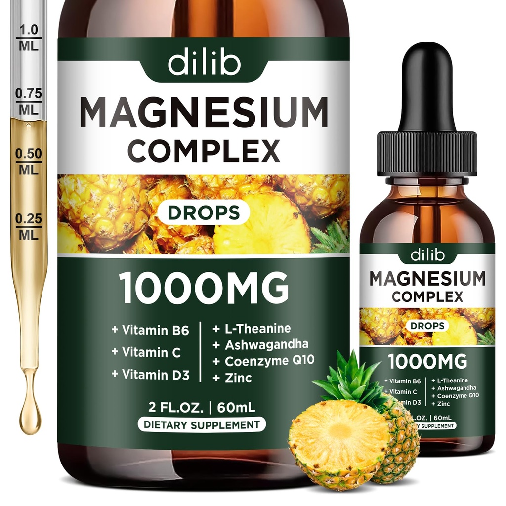Suplemento Complejo de Magnesio Triple, Glycinate de Magnesio, Blend, Citrate Liquid Drops 1000mg con Ashwagandha, CoQ10, Vitamina B6, C, D, Zinc - Vegan Pineapple Flavor