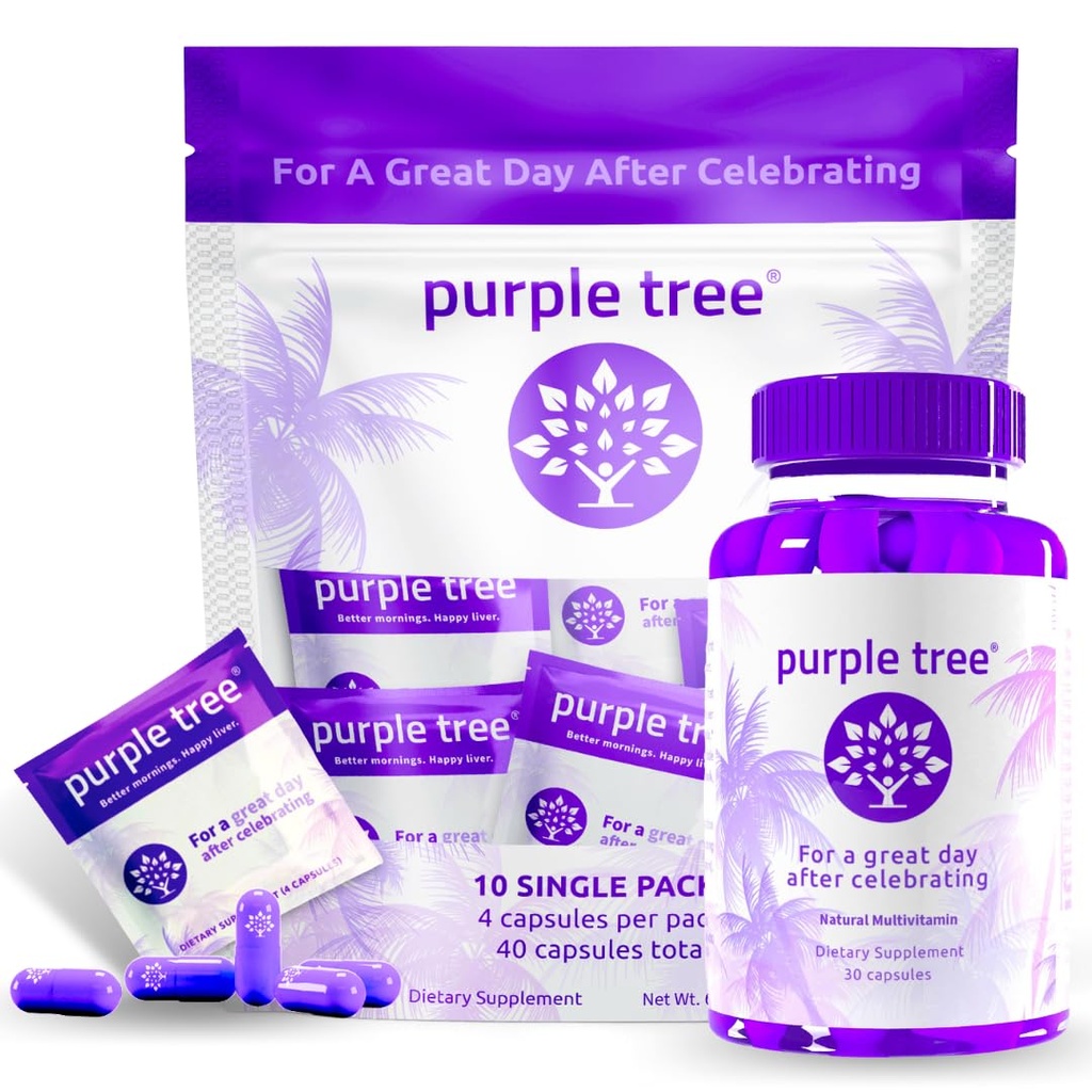 árbol púrpura Pos-Celebration Wellness Bottle + Packet Kit Combo, Soporte para el hígado, Hidratación rápida, Replenisher corporal ← Dihydromyricetin DHM, Milk Thistle, Electrolytes, Vitamina B, Willow Bark, Quercetin