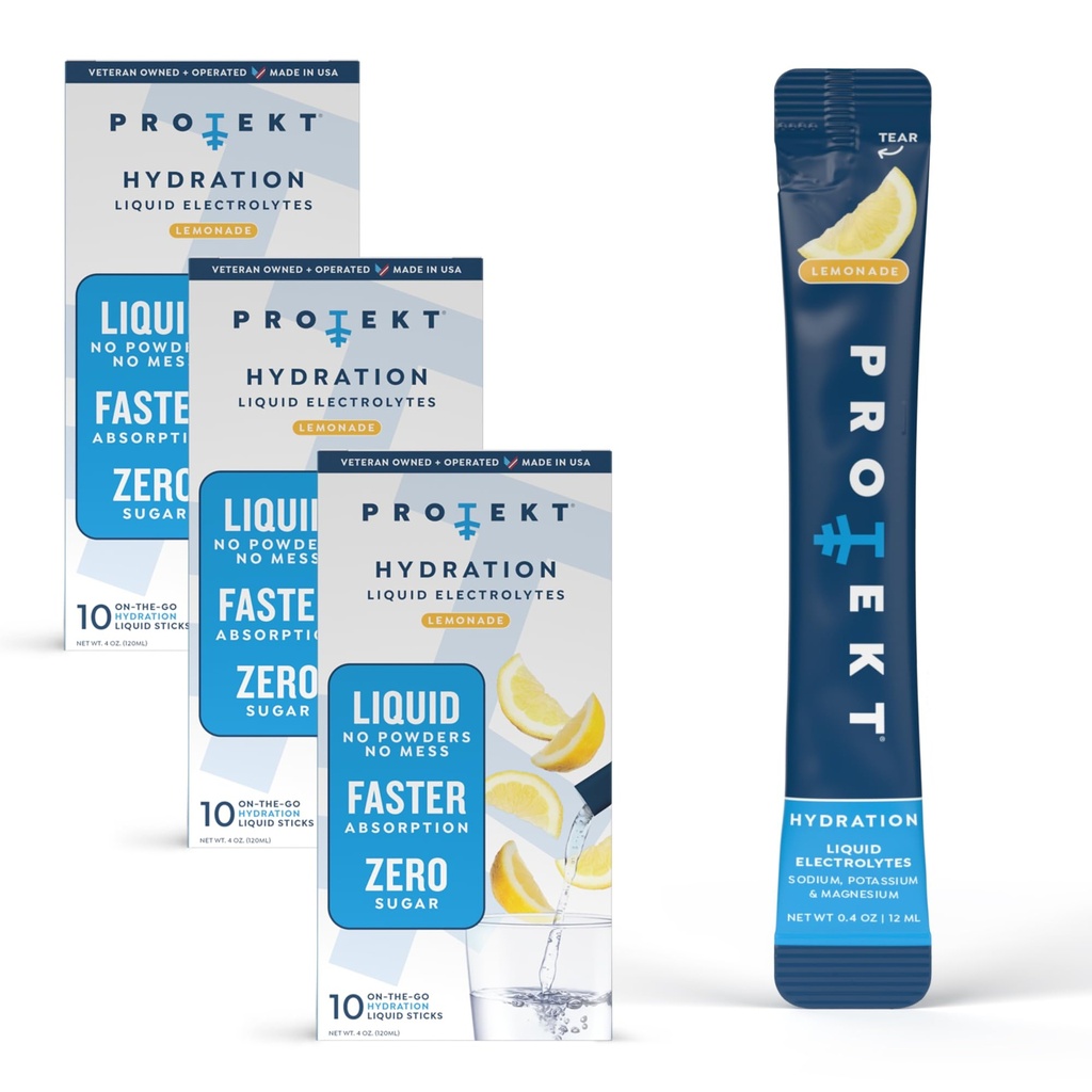 PROTEKT Electrolyte Packets para la recuperación " Hydration ¦ Organic " Sugar-Free Electrolytes Drinks ¦ Works Faster Than Powder Drink ← On-The-Go Liquid Hydration Drink Ø Lemonade, 30 Pack