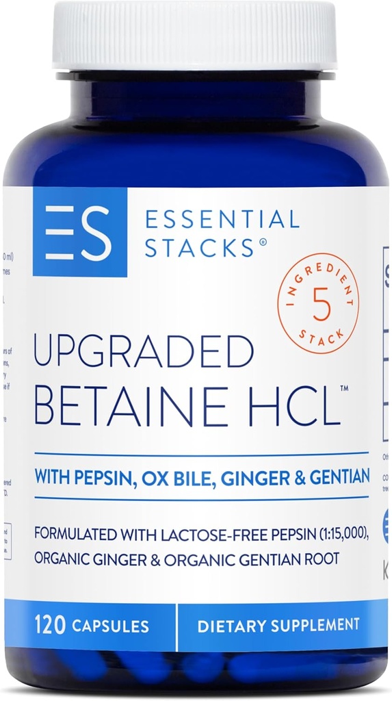 Estacas esenciales Betaine HCL con Pepsin, Ox Bile, Gentian orgánico & Ginger - Hidrocloruro de Betaine Suplemento w Enzymes Digestivos, Bile " Bitters - Gluten, Dairy " Soy Gratis (120 cápsulas)