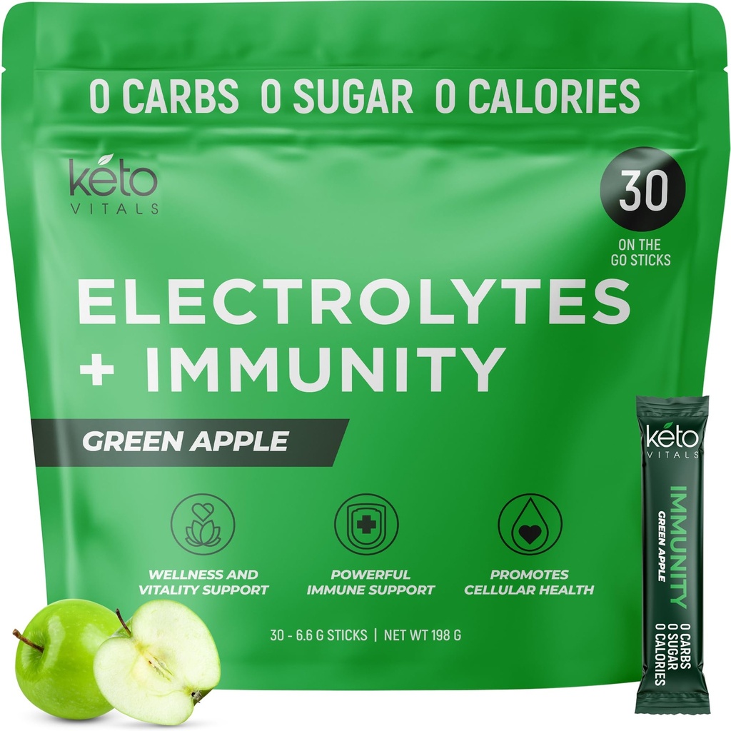 Keto Vitals Inmunity Sugar Free Electrolytes Powder with Vitamin C, Ginger, Turmeric, " Elderberry - Boost Your Immune System and Rehydrate Your Body - Green Apple Flavor, 30 Count