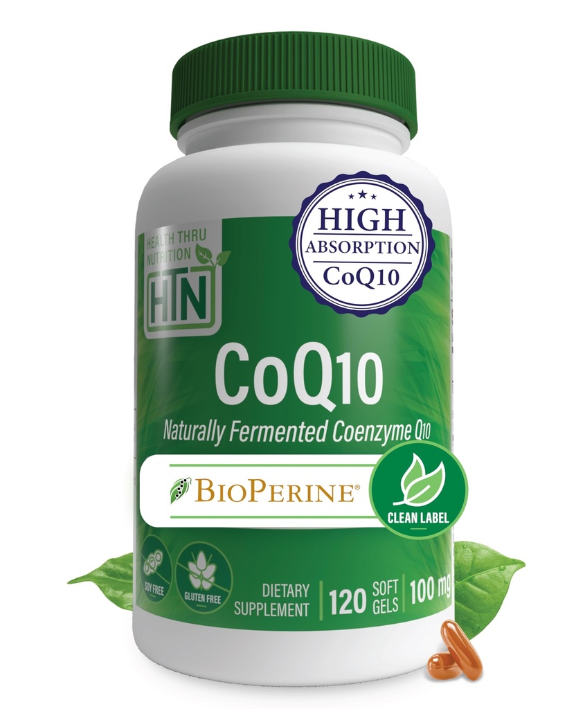 Salud Thru Nutrition CoQ-10 100mg con BioPerine 120 Softgels ← Alta Absorción Naturalmente Fermentada USP Grade Coenzyme Q10 Suplemento ← 3rd Party Tested  durable Heart Health and Energy Support