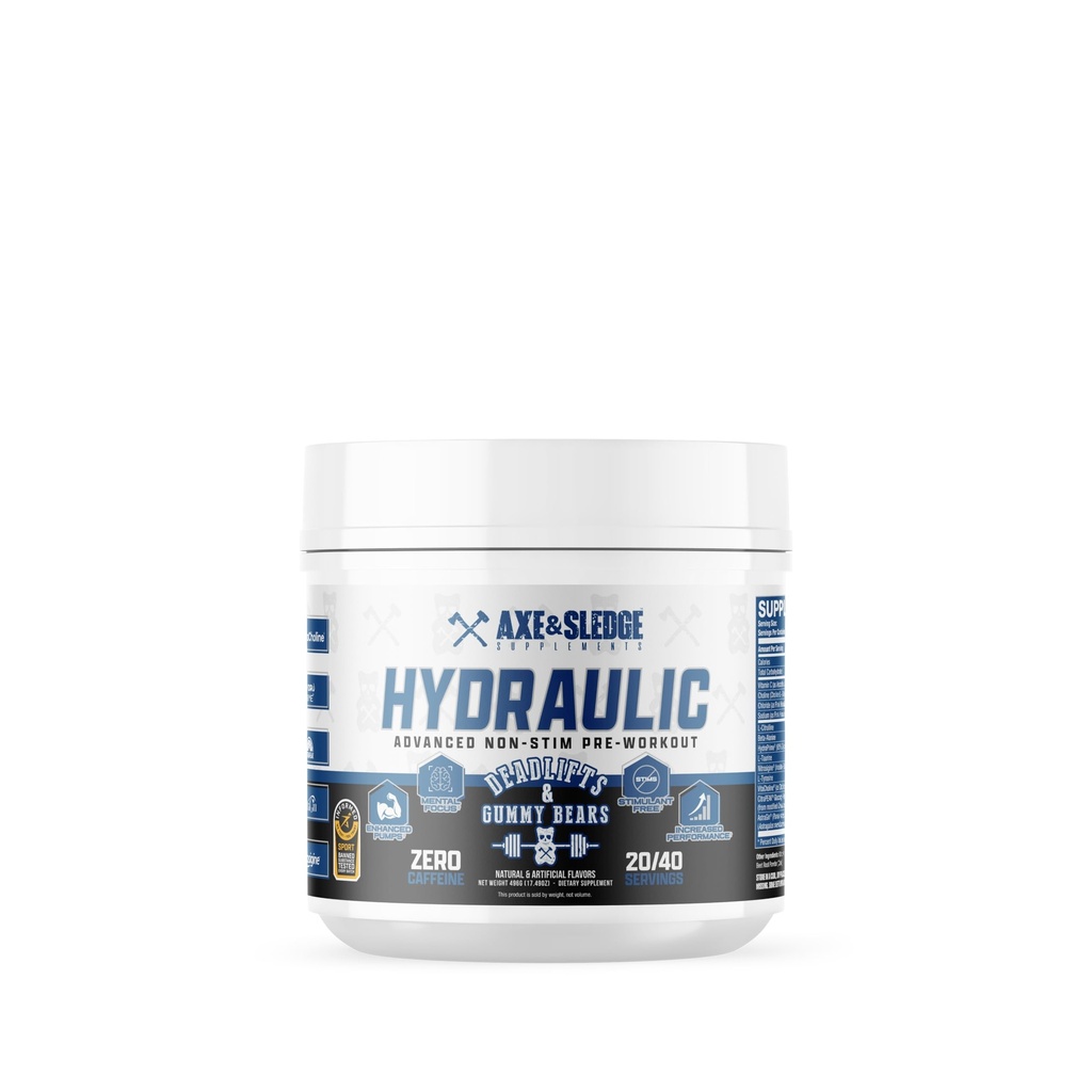 Axe &amp; Sledge Hydraulic Stim-Free Pre-Workout Powder para Hombres &amp; Mujeres que viven Rendimiento, resistencia, foco, bombas ← L-Citrulline, Beta Alanine, Creatine, Caffeine-Free, Deadlifts & Gummy Bears