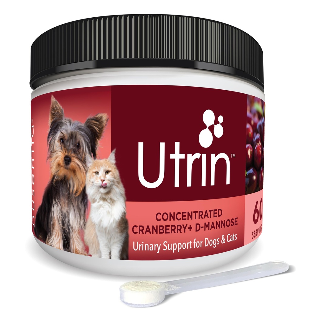 NUSENTIA UTRIN - Soporte urinario para gatos &amp; perros - Doble acción de arándano &amp; D-Mannose - para la salud natural de la vejiga, la incontinencia y la repetición de UTI, 60 servicios