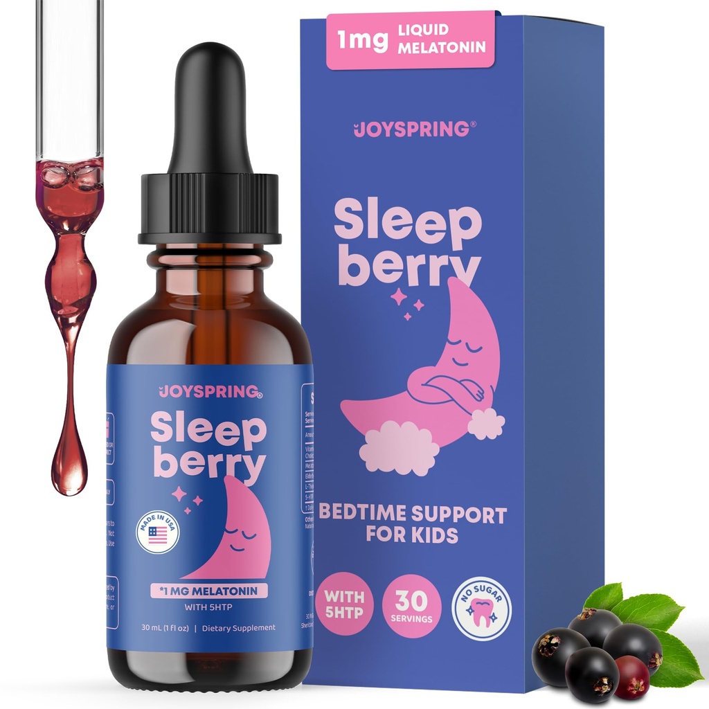 JoySpring Melatonin 1MG for Kids ← 5HTP &amp; L-Theanine – Melatonina líquida libre de azúcar para niños y adolescentes – Suplemento de sueño amigable (1 fl oz)