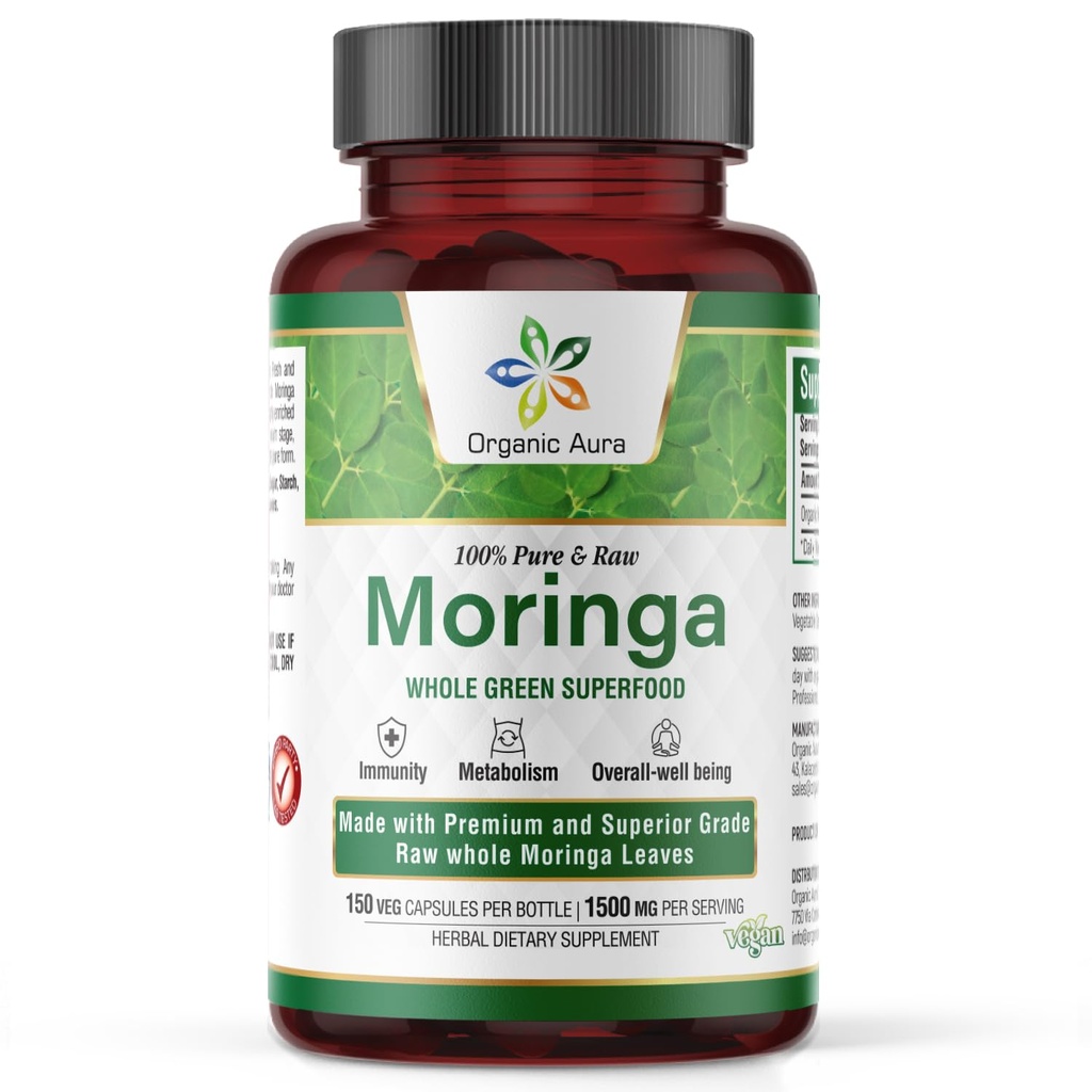 Orgánica Aura Moringa Leaf Capsules ← 1500mg - 150 HPMC Veg ← Hojas enteras Green Super Food Nutrition ← Naturally Boosts Metabolism, Energy, Health, " Stamina  durable 100% Pura Safe Moringa ←Non GMO.