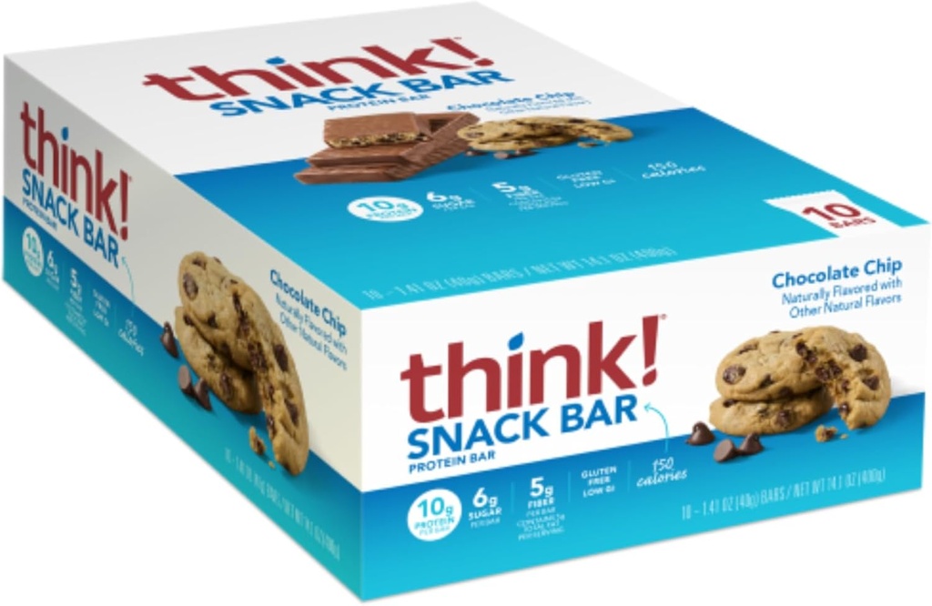 ¡Piensa! Bares de proteína con Chicory Root para fibra, soporte digestivo, Gluten Gratis con Whey Protein Isolate, Chocolate Chip, Snack Bares sin Sweeteners artificiales, 1.4 Oz (10 Conde)