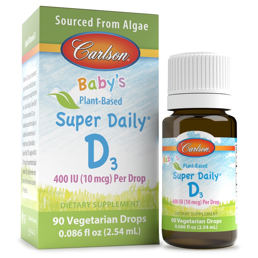 Carlson - Baby's Plant-Based Super Daily D3, Baby Vegetarian Liquid Vitamin D Drops, 400 UI (10 mcg) por gota, proveniente de Algae, para bebés y niños pequeños, Desflavorados, 90 gotas (2,54 mL)