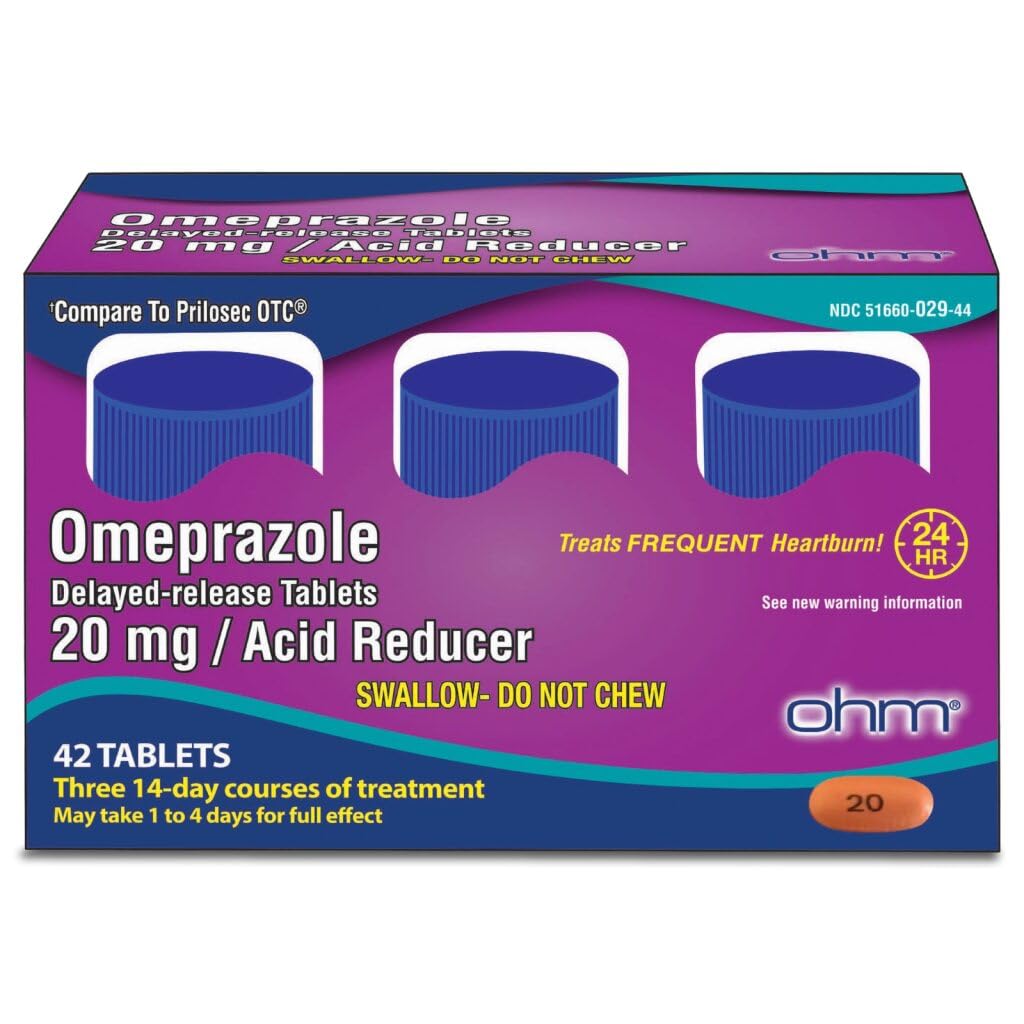 Ohm Omeprazole 20mg, 42 Tablas de liberación retardada, Reductor de ácido para la quemadura cardíaca frecuente, Medicina de las quemaduras cardiacas de 24 horas, ayuda a aliviar el malestar estomacal (6 semanas de suministro, 42, conteo)
