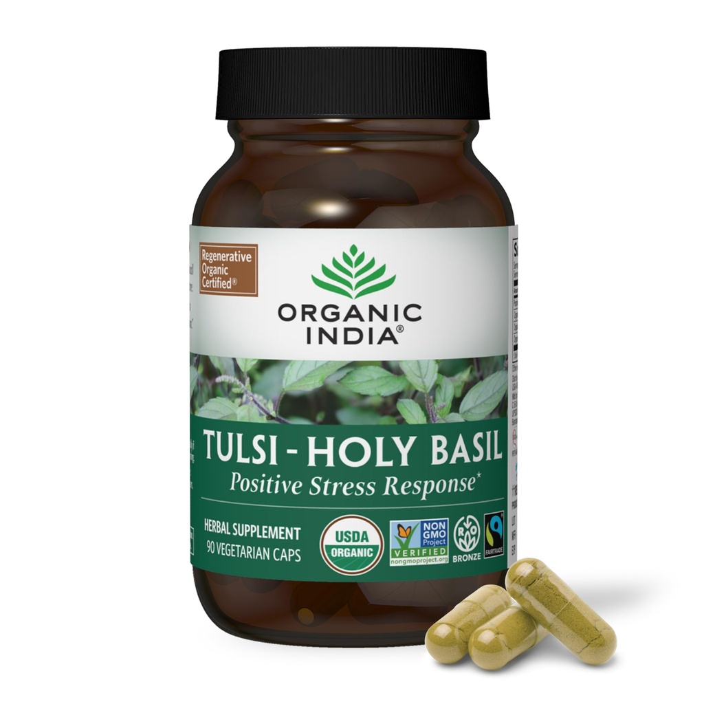 ORGANIC INDIA Tulsi Holy Basil Capsules - Holy Basil Extract - Holy Basil Leaf Supplement, Herbal Supplement, Immune Support, Stress Relief, Vegan, Gluten-Free, Kosher, Organic, Non-GMO - 90 cápsulas