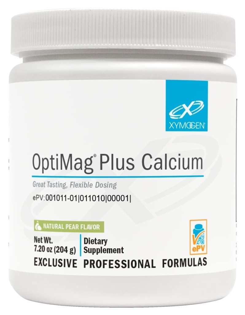 XYMOGEN OptiMag Plus Calcium - Powder Magnesio de gran tamaño con Calcio para soportar comportamientos calmantes, Mood saludable, Bone saludable + función muscular - Pear Flavor, con Magesium Malate (7.2 oz)