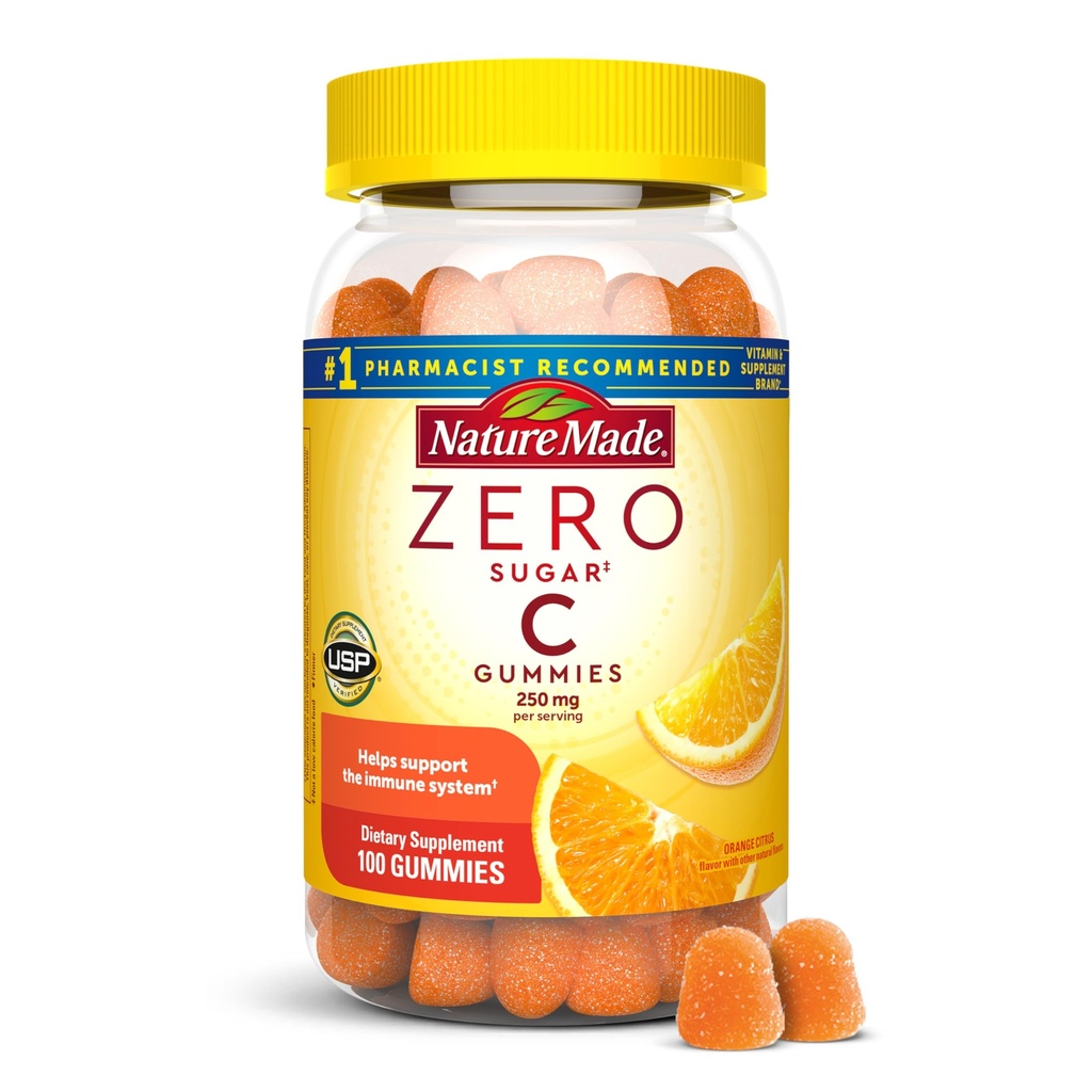 Nature Made Zero Sugar Vitamina C Gummies 250 mg por Serving, Immune & Antioxidant Support, Aspartame Free, 100 Sugar Free Gummies, 50 Day Supply