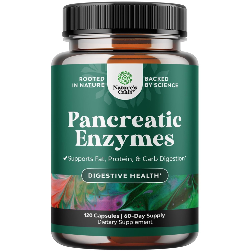 Naturalezas Artesanía Pancreatina Enzimas digestivas para la salud digestiva - Enzimas pancreáticas para humanos con carbohidratos gordos y mujeres y hombres proteínas - Protease Amylase " Lipase Digestión -120ct