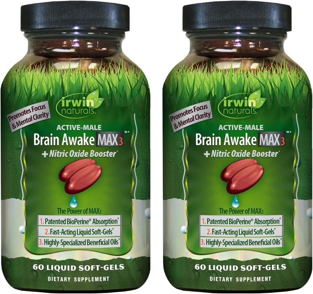 Irwin Naturals Brain Awake Max3 + Nitric Oxide Booster - 60 Liquid Soft-Gels, Pack de 2 - Asistencia Brain Health & Optimize Performance - 40 Total Servings