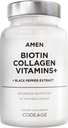 Amen Biotin Collagen Vitaminas+ 10,000 mcg Biotin Supplement - Hydrolyzed Collagen, Vitamins C & E, Folate, Hyaluronic Acid, Keratin, MSM, Saw Palmetto - 3-Month Supply - Non-GMO - 90 cápsulas