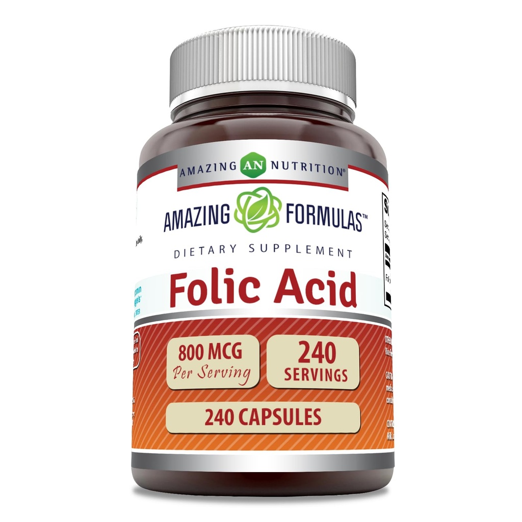 Amazing Formulas Folic Acid (Vitamin B9) 800 Mcg Suplemento TENIDO Cápsulas TENIDO No-OMG ANTE Gluten-Free TEN Made in USA (1 Pack TEN 240 Count)
