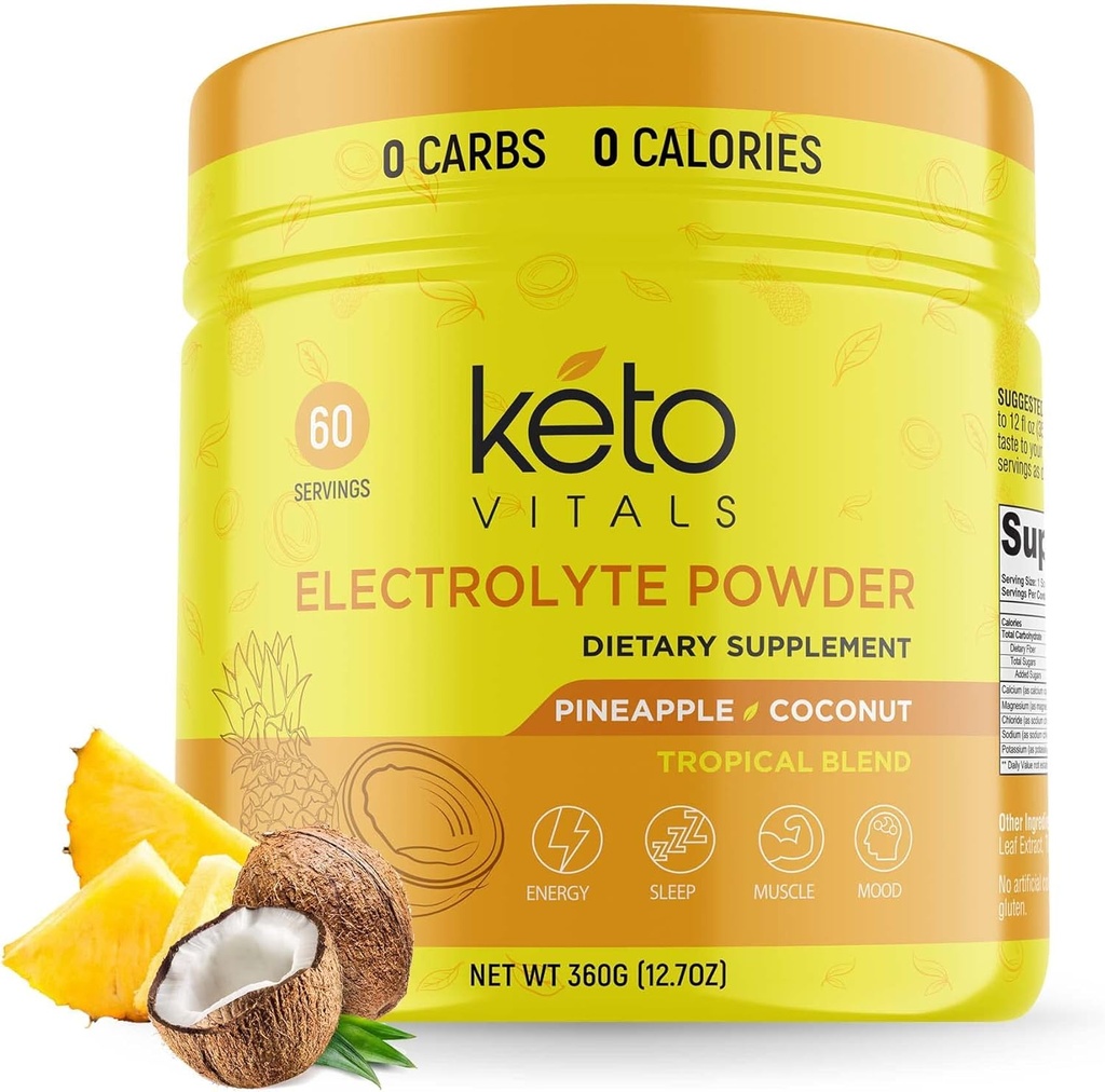 Keto Vitals Electrolytes Polvo - Azucar libre Keto Electrolitos Polvo con Potasio, Magnesio, Sodio, " Calcio - No Sugar Electrolyte Drink Mix " Hydration Powder, 60 Servings, Pineapple Coconut