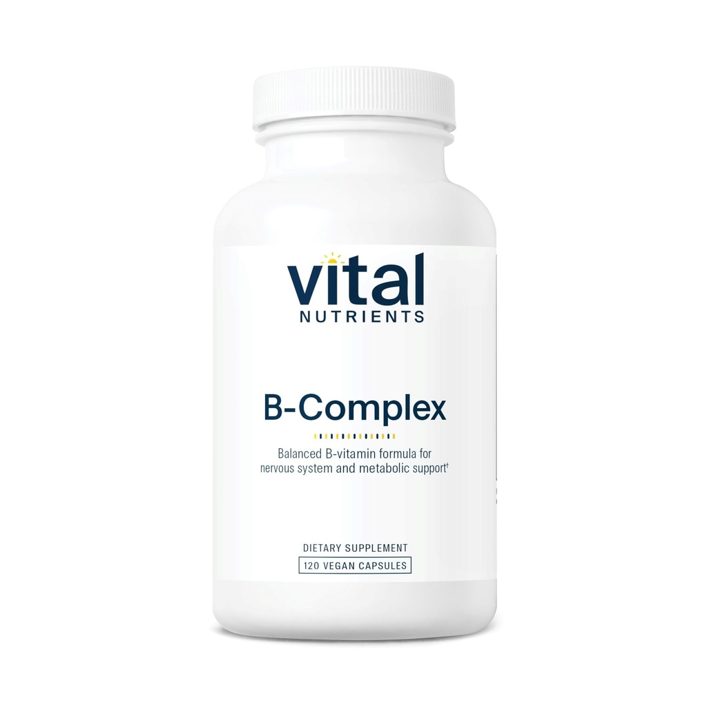 Vital Nutrients Vitamina B-Complex ← Vegan Complejo de alta potencia Vitaminas TENIDO B Vitaminas Apoyo Energía, Metabolismo y Salud del Corazón* ← Gluten, Dairy, Soy Free TEN 120 Capsules