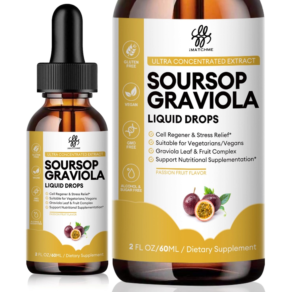 iMATCHME Premium Soursop Graviola for Digestion, Support Healthy Skin &amp; Sleep, Soursop Extract Liquid Drop from Graviola Leaf and Fruit, Sugar/Caffeine/Gluten Free, Passion Fruit Flavor, 2 Fl Oz