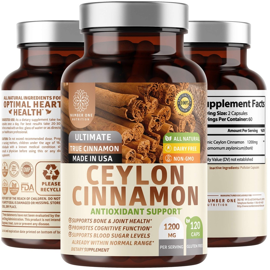 N1N Premium Ceylon Cinnamon 1200mg [100% Organic Ceylon Cinnamon] Suplemento natural para apoyar la circulación saludable, cerebro y función conjunta, 120 caps