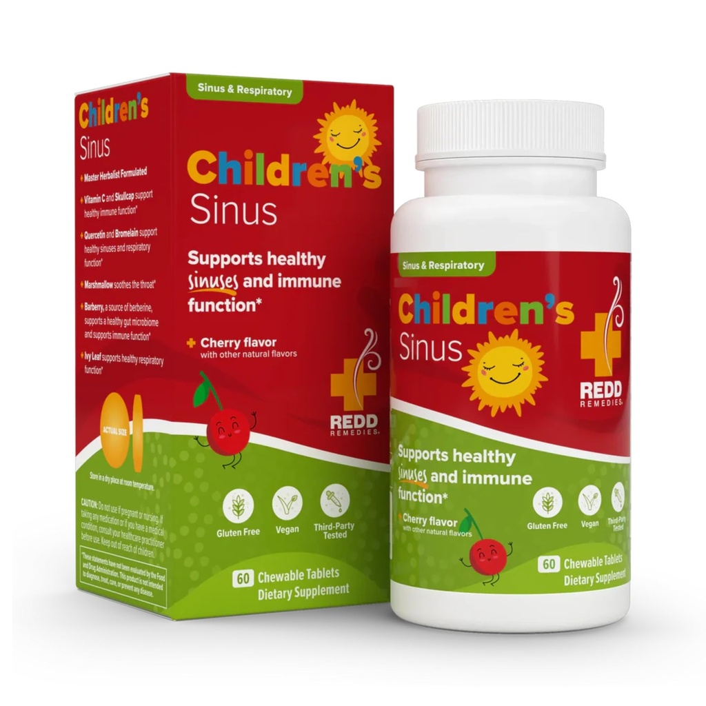 Remedios Redd, Apoyo al Sinus Infantil, Fórmula de Salud Inmunitaria y Respiratoria, Flavor de Cereza, 60 Tabletas Chewable
