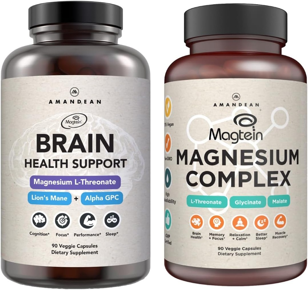 AMANDEAN Cerebro Premium & Magnesio Bundle: Magnesium L-Threonate, Glycinate & Malate, USA-Grown Organic Lion’s Mane 6:1 Extract, y Alpha-GPC. Apoya la salud cognitiva, enfoque " sueño