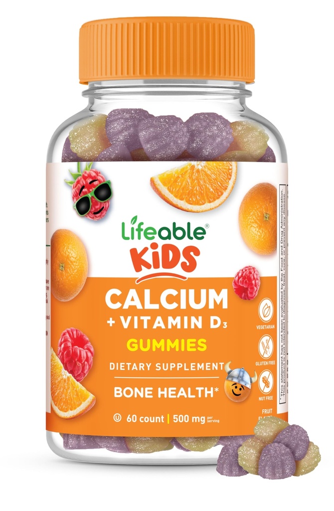 Niños Lifeable Calcio Gummies con Vitamina D3 TEN 500 mg Calcio con Vitamina D3 1000 UI TENIDO Gran Tasting Suplemento Calcium para Niños Silencio para la Salud Bone y el Crecimiento de los Dientes